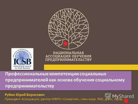Профессиональные компетенции социальных предпринимателей как основа обучения социальному предпринимательству Рубин Юрий Борисович Президент Ассоциации,