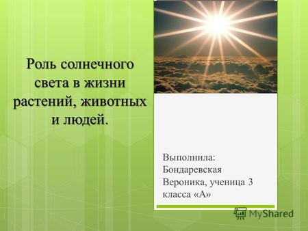 Роль солнечного света в жизни растений, животных и людей. Выполнила: Бондаревская Вероника, ученица 3 класса «А»