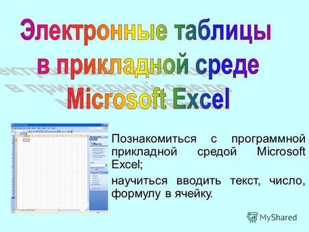 Познакомиться с программной прикладной средой Microsoft Excel; научиться вводить текст, число, формулу в ячейку.