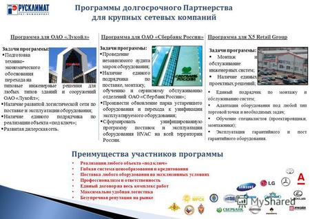 29 Программы долгосрочного Партнерства для крупных сетевых компаний Программа для ОАО «Лукойл»Программа для ОАО «Сбербанк России»Программа для Х5 Retail.