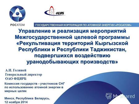 Комиссия государств - участников СНГ по использованию атомной энергии в мирных целях Минск, Республика Беларусь, 12 ноября 2014 Управление и реализация.