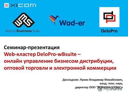 DeloPro Семинар-презентация Web-кластер DeloPro-wBsuite – онлайн управление бизнесом дистрибуции, оптовой торговли и электронной коммерции Докладчик: Лунин.