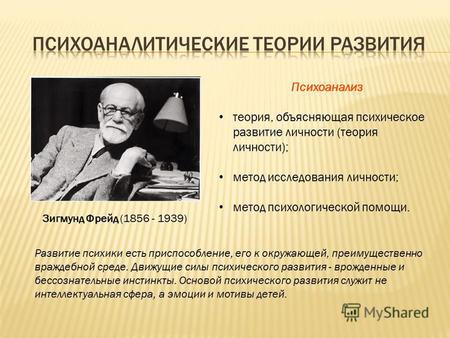 Зигмунд Фрейд (1856 - 1939) Психоанализ теория, объясняющая психическое развитие личности (теория личности); метод исследования личности; метод психологической.