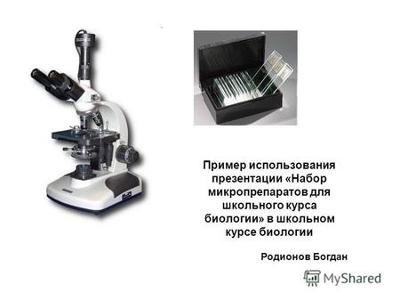 Пример использования презентации «Набор микропрепаратов для школьного курса биологии» в школьном курсе биологии Родионов Богдан.