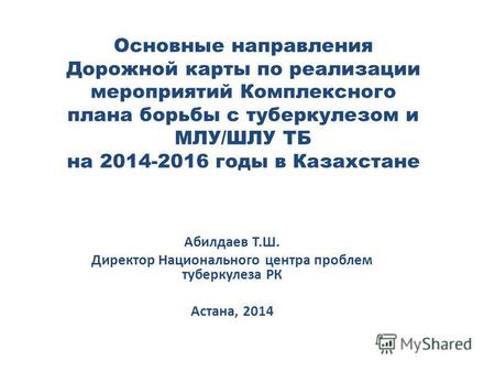Основные направления Дорожной карты по реализации мероприятий Комплексного плана борьбы с туберкулезом и МЛУ/ШЛУ ТБ на 2014-2016 годы в Казахстане Абилдаев.