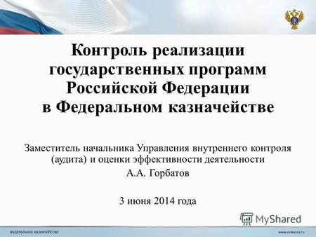 Контроль реализации государственных программ Российской Федерации в Федеральном казначействе Заместитель начальника Управления внутреннего контроля (аудита)