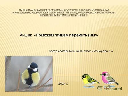 Акция: «Поможем птицам пережить зиму» Автор-составитель: воспитатель Макарова Л.А. 2014 г.