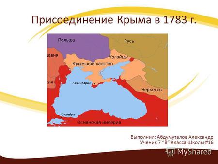 Присоединение Крыма в 1783 г. Выполнил: Абдумуталов Александр Ученик 7 В Класса Школы #16.