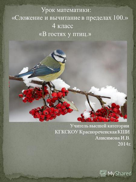 Урок математики: «Сложение и вычитание в пределах 100.» 4 класс « В гостях у птиц. » Учитель высшей категории КГКСКОУ Краснореченская КШИ Анисимова И.В.