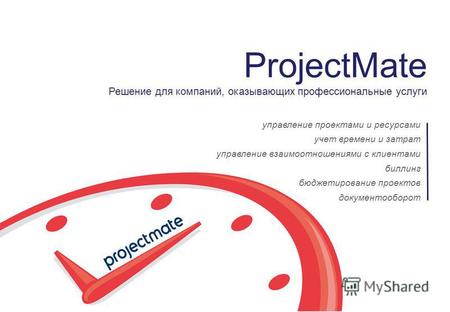 ProjectMate Решение для компаний, оказывающих профессиональные услуги управление проектами и ресурсами учет времени и затрат управление взаимоотношениями.