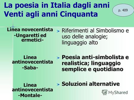La poesia in Italia dagli anni Venti agli anni Cinquanta p. 409 Linea novecentista -Ungaretti ed ermetici- Linea antinovecentista -Saba- Linea antinovecentista.