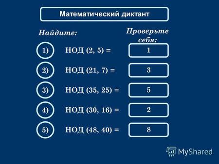 Математический диктант Найдите: НОД (2, 5) = Проверьте себя: 1 1) 3 2) 5 3) 2 4) 8 5) НОД (21, 7) = НОД (35, 25) = НОД (30, 16) = НОД (48, 40) =