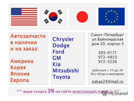 Автозапчасти в наличии и на заказ: Америка Корея Япония Европа Chrysler Dodge Ford GM Kia Mitsubishi Toyota Санкт-Петербург ул.Байконурская дом 20, корпус.