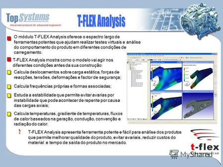 1 O módulo T-FLEX Analysis oferece o espectro largo de ferramentas potentes que ajudam realizar testes virtuais e análise do comportamento do produto em.