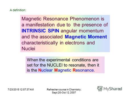 7/23/2015 12:59:31 AMRefresher course in Chemistry; Sept.20-Oct.12, 2007 1 Magnetic Resonance Phenomenon is a manifestation due to the presence of INTRINSIC.