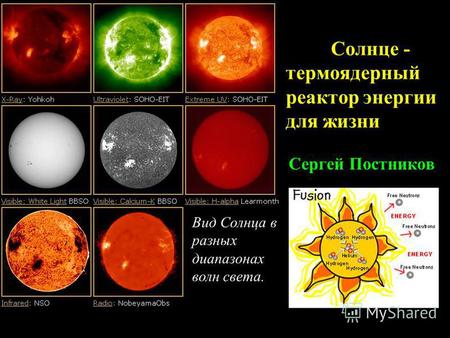 Солнце - термоядерный реактор энергии для жизни Сергей Постников Вид Солнца в разных диапазонах волн света.