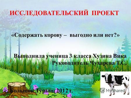 ИССЛЕДОВАТЕЛЬСКИЙ ПРОЕКТ «Содержать корову – выгодно или нет?» Выполнила ученица 3 класса Хузина Вика Руководитель Чухарева Т.С. с. Большой Турыш 2012.