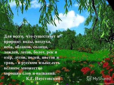 Для всего, что существует в природе: воды, воздуха, неба, облаков, солнца, дождей, лесов, болот, рек и озёр, лугов, полей, цветов и трав, - в русском языке.