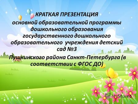 КРАТКАЯ ПРЕЗЕНТАЦИЯ основной образовательной программы дошкольного образования государственного дошкольного образовательного учреждения детский сад 3 Пушкинского.