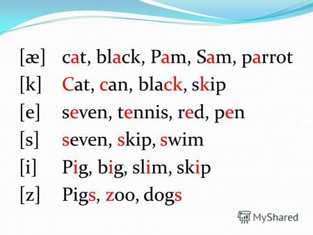 [æ][æ] [k][k] [e][e] [s][s] [i] [z] cat, black, Pam, Sam, parrot Cat, can, black, skip seven, tennis, red, pen seven, skip, swim Pig, big, slim, skip Pigs,