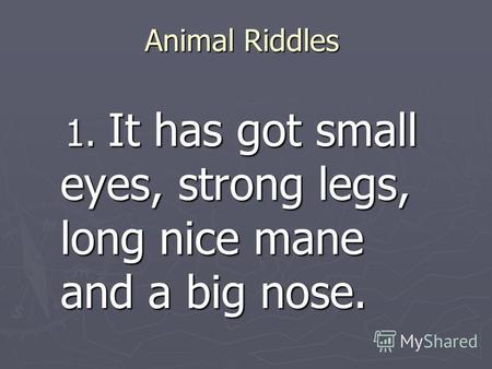 Animal Riddles 1. It has got small eyes, strong legs, long nice mane and a big nose. 1. It has got small eyes, strong legs, long nice mane and a big nose.