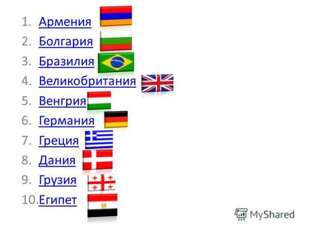 1.АрменияАрмения 2.БолгарияБолгария 3.БразилияБразилия 4.ВеликобританияВеликобритания 5.ВенгрияВенгрия 6.ГерманияГермания 7.ГрецияГреция 8.ДанияДания 9.ГрузияГрузия.