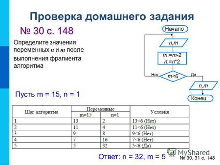 Проверка домашнего задания 30 с. 148 30 с. 148 30, 31 с. 148 Определите значения переменных n и m после выполнения фрагмента алгоритма Начало n,m m:=m-2.