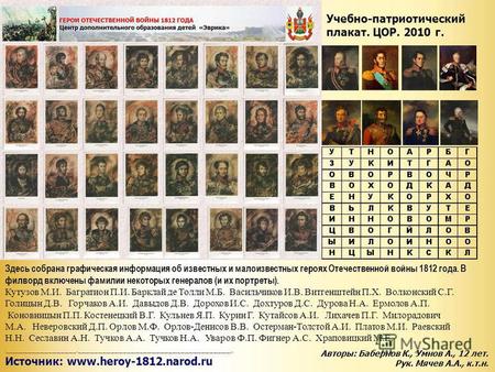 Здесь собрана графическая информация об известных и малоизвестных героях Отечественной войны 1812 года. В филворд включены фамилии некоторых генералов.