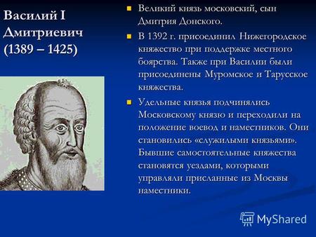 Василий I Дмитриевич (1389 – 1425) Великий князь московский, сын Дмитрия Донского. В 1392 г. присоединил Нижегородское княжество при поддержке местного.