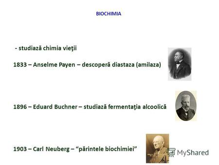 BIOCHIMIA - studiază chimia vieţii 1833 – Anselme Payen – descoperă diastaza (amilaza) 1896 – Eduard Buchner – studiază fermentaţia alcoolică 1903 – Carl.