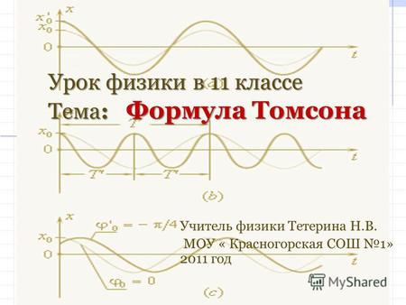 Урок физики в 11 классе Тема: Формула Томсона Учитель физики Тетерина Н.В. МОУ « Красногорская СОШ 1» 2011 год.