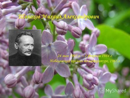 24 мая 1905 г. – 2 февраля 1984 г. Нобелевская премия по литературе, 1965 г. Шолохов Михаил Александрович.