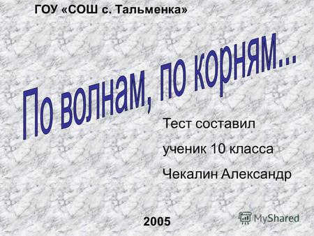 Тест составил ученик 10 класса Чекалин Александр ГОУ «СОШ с. Тальменка» 2005.