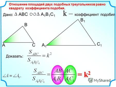 АС С 1 С 1 В 1 В 1 А 1 А 1 Отношение площадей двух подобных треугольников равно квадрату коэффициента подобия. k – коэффициент подобия ABCA1B1C1A1B1C1.