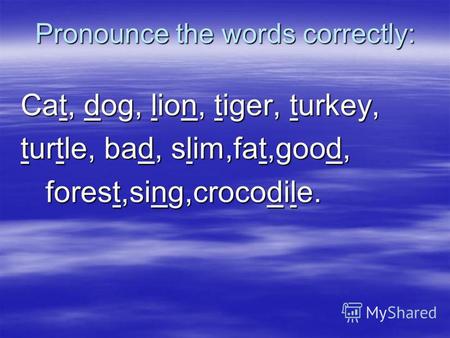 Pronounce the words correctly: Cat, dog, lion, tiger, turkey, turtle, bad, slim,fat,good, forest,sing,crocodile. forest,sing,crocodile.