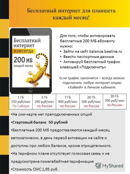 Бесплатный интернет для планшета каждый месяц! На сим-карте нет преподключенных опций Стартовый баланс 50 рублей Бесплатные 200 Мб предоставляются каждый.
