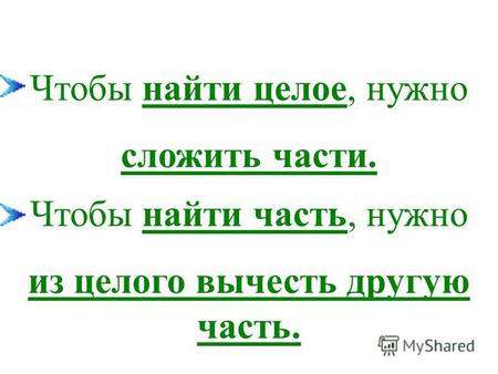 Чтобы найти целое, нужно сложить части. Чтобы найти часть, нужно из целого вычесть другую часть.