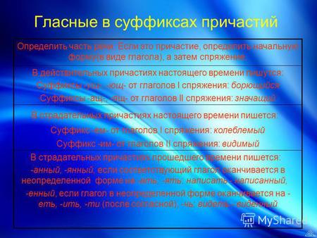 Определить часть речи. Если это причастие, определить начальную форму(в виде глагола), а затем спряжение. В действительных причастиях настоящего времени.