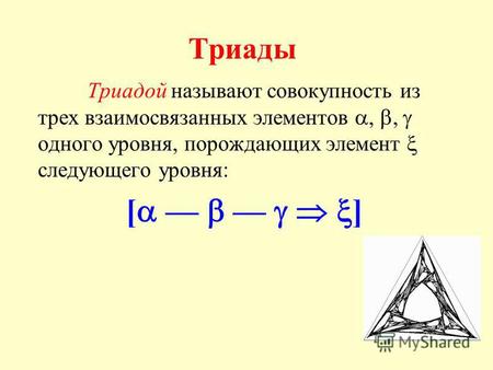 Триады Триадой называют совокупность из трех взаимосвязанных элементов,, одного уровня, порождающих элемент следующего уровня: [ ]