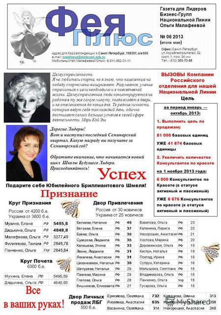 Газета для Лидеров Бизнес-Групп Национальной Линии Ольги Малафеевой 06 2013 ( итоги мая ) Адрес для Корреспонденции: г.Санкт-Петербург, 199397, а/я 555.