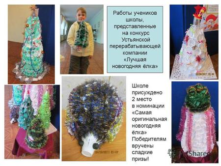 Работы учеников школы, представленные на конкурс Устьянской перерабатывающей компании «Лучшая новогодняя ёлка» Школе присуждено 2 место в номинации «Самая.