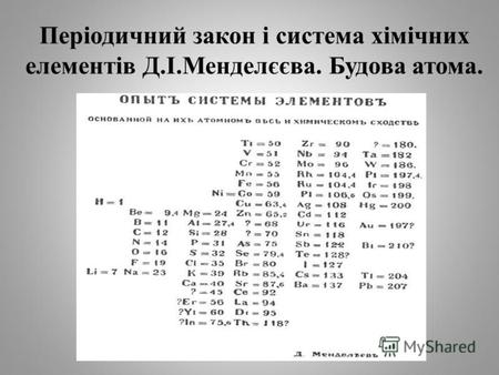 Періодичний закон і система хімічних елементів Д.І.Менделєєва. Будова атома.