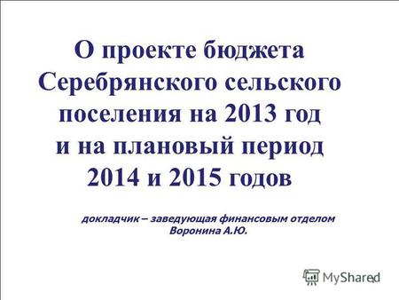 1 О проекте бюджета Cеребрянского сельского поселения на 2013 год и на плановый период 2014 и 2015 годов докладчик – заведующая финансовым отделом Воронина.
