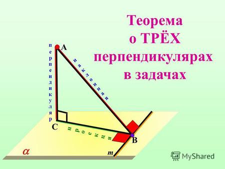 С В наклоннаянаклонная проекцяпроекця m перпендикулярперпендикуляр А Теорема о ТРЁХ перпендикулярах в задачах.