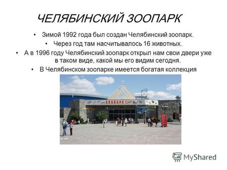 ЧЕЛЯБИНСКИЙ ЗООПАРК Зимой 1992 года был создан Челябинский зоопарк. Через год там насчитывалось 16 животных. А в 1996 году Челябинский зоопарк открыл нам.