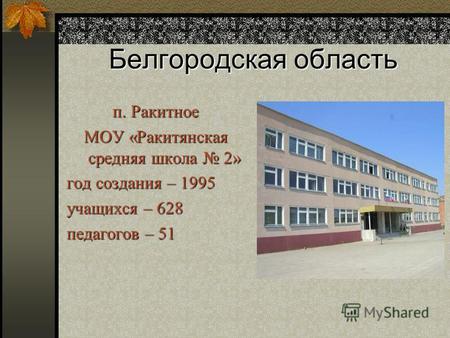 Белгородская область п. Ракитное МОУ «Ракитянская средняя школа 2» год создания – 1995 учащихся – 628 педагогов – 51.