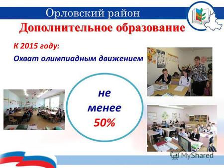 Дополнительное образование 1 Орловский район К 2015 году: Охват олимпиадным движением не менее 50%
