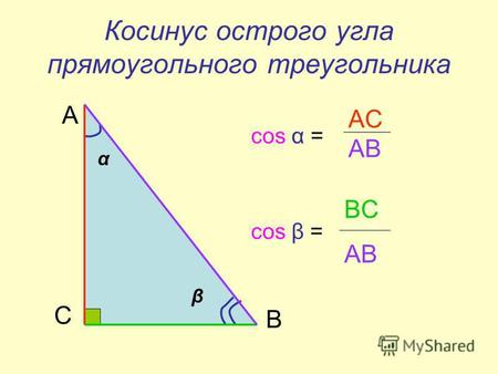Косинус острого угла прямоугольного треугольника соs α = cos β = α β С А В AC AB BC AB.