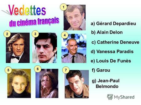 A) Gérard Depardieu b) Alain Delon c) Catherine Deneuve d) Vanessa Paradis e) Louis De Funès f) Garou 7 g) Jean-Paul Belmondo 6 5 4 32 1.