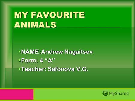 MY FAVOURITE ANIMALS NAME:Andrew Nagaitsev NAME:Andrew Nagaitsev Form: 4 A Form: 4 A Teacher: Safonova V.G. Teacher: Safonova V.G.